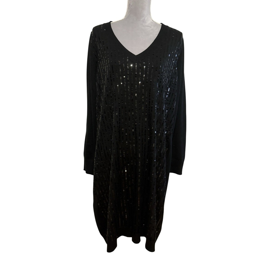 TAHARI by ARTHUR S. LEVINE Sz‎ 2X BLACK WOOL BLEND SWEATER DRESS W/ SEQUINS